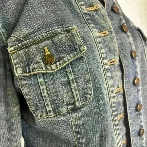 INC hand painted denim jacket, size M. With French sleeves; Military style - Picture 8 of 9